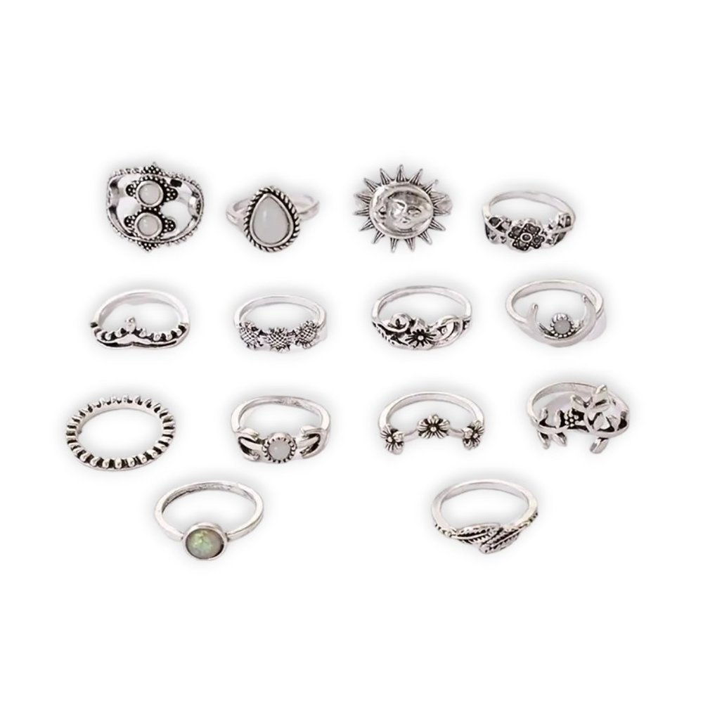 DCLF Silvertone Boho Faux Opal and Faux Gemstone Stacking Ring Set